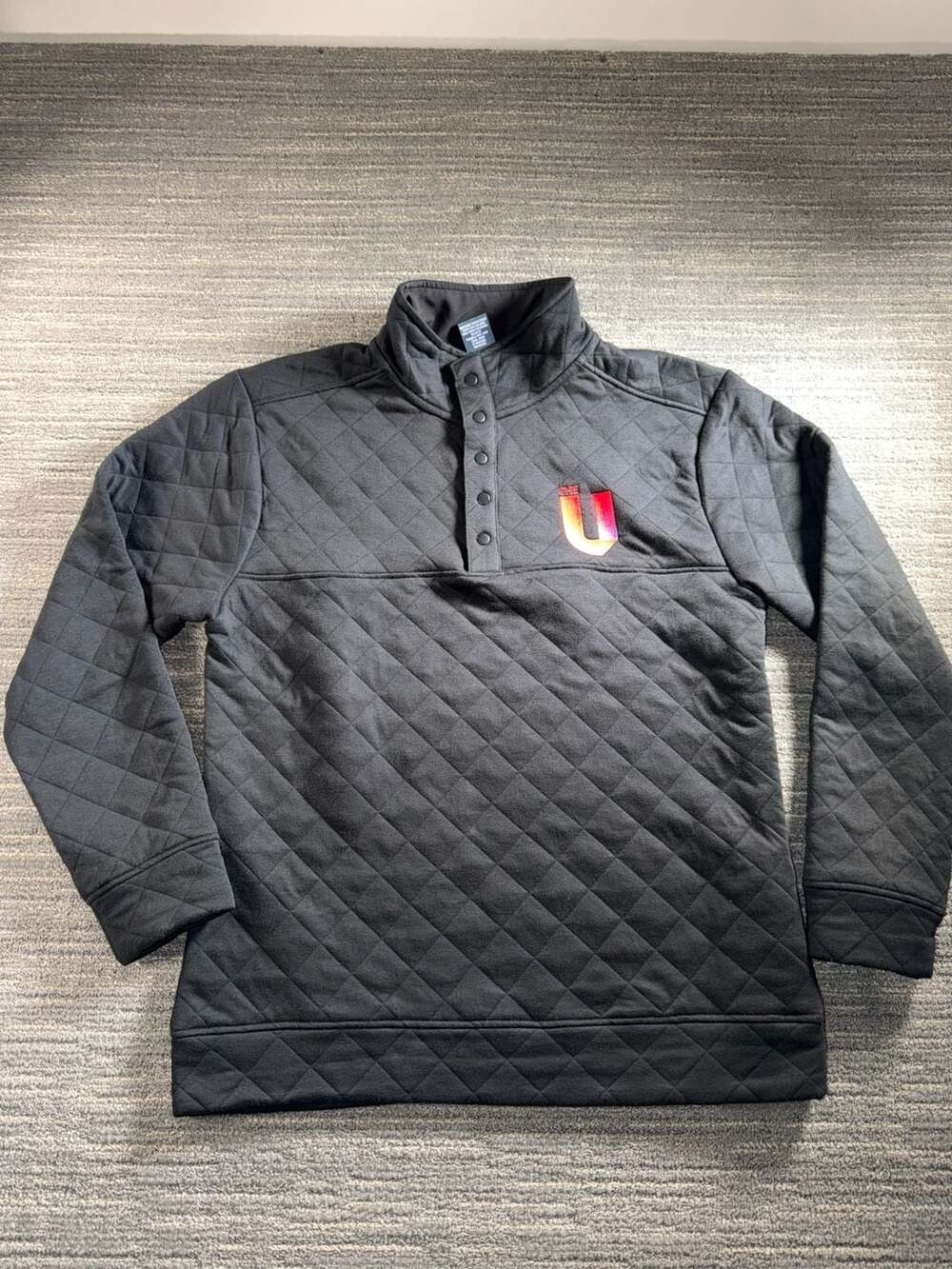 J-America University of Miami 'The U' Black Quilted Snap-Button Pullover Sweater